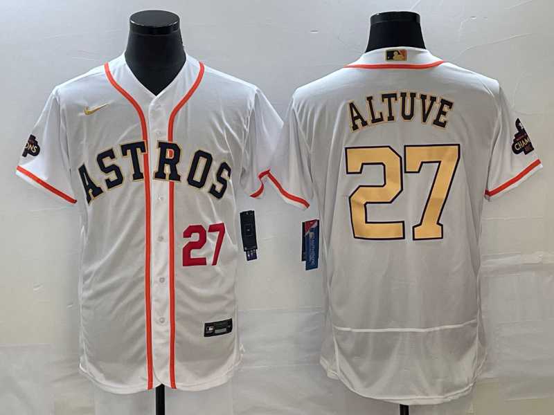 Men's Houston Astros #27 Jose Altuve Number 2023 White Gold World Serise Champions Patch Flex Base Stitched MLB Jersey